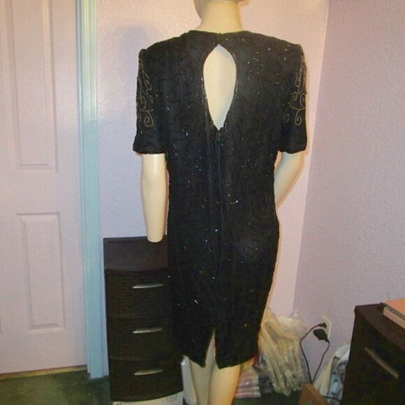 NOS Silk BEADED Sequins Size L DRESS Shimmer V-NECK Black Gold JMC Lined FORMAL - Picture 8 of 12